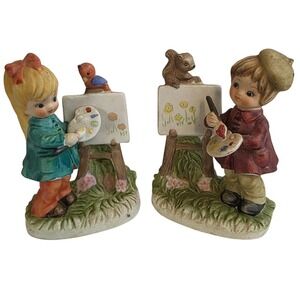 Vintage Lefton Ceramic Children Painting Figurines‎ (2) Girl Boy Artist # 7513